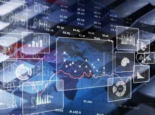 Stocks, charts, and graphs laid over a keyboard and a map of the world. 